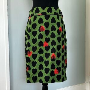 Maeve Green Pencil Skirt with Black Hearts and Red Accent Hearts